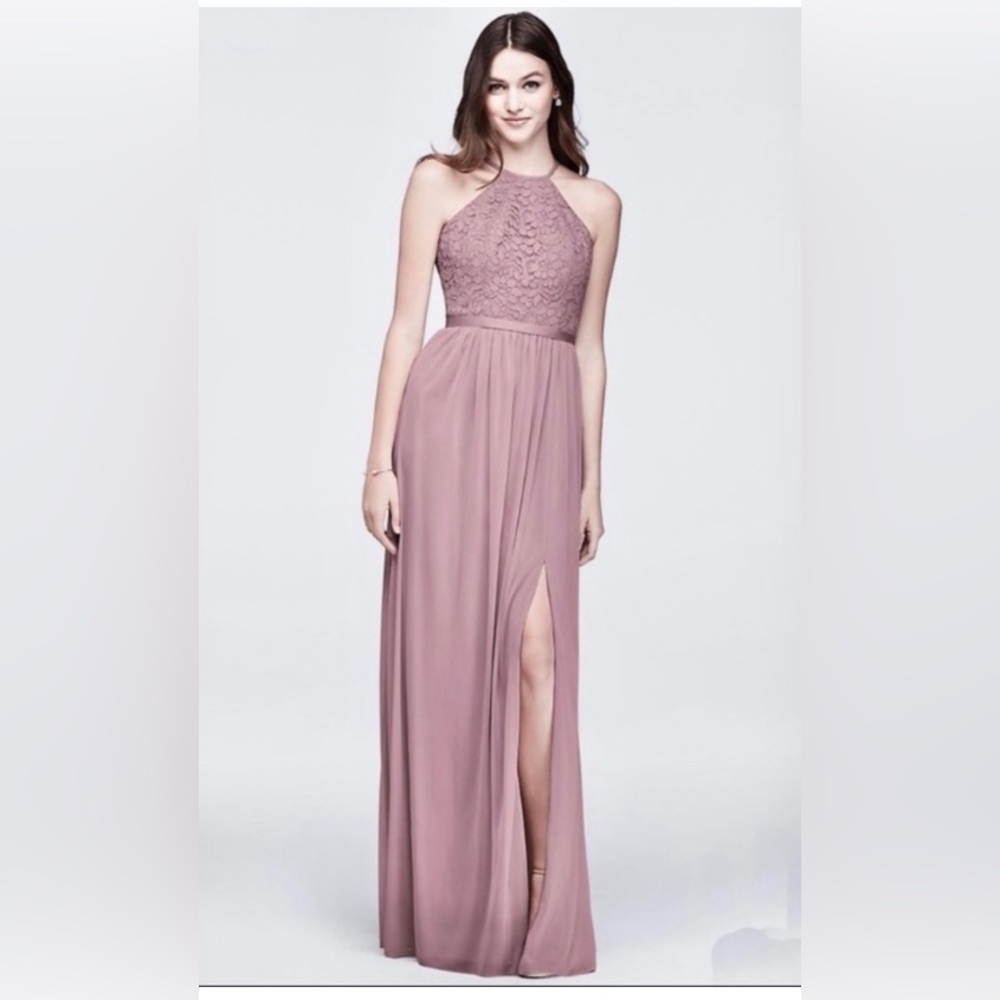 Davids Bridal Open-Back Lace Mesh Quartz Dusty Rose Pink F19608 Bridesmaid Dress